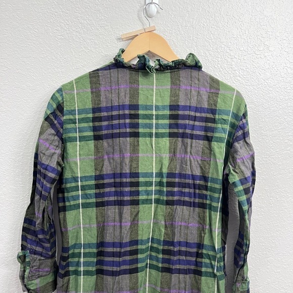 SANDRO PARIS GREEN PLAID LONG SLEEVE RUFFLE NECK HI-LOW SHIRT DRESS Size M - Picture 14 of 16